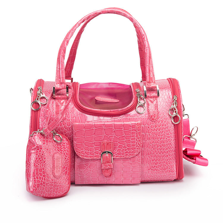 Pink Croc-Texture Pet Carrier Bag — Luxury PU Leather, Travel-Ready, S & M