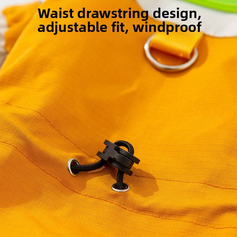 Adjustable waist drawstring on waterproof dog jumpsuit in orange with metal ring