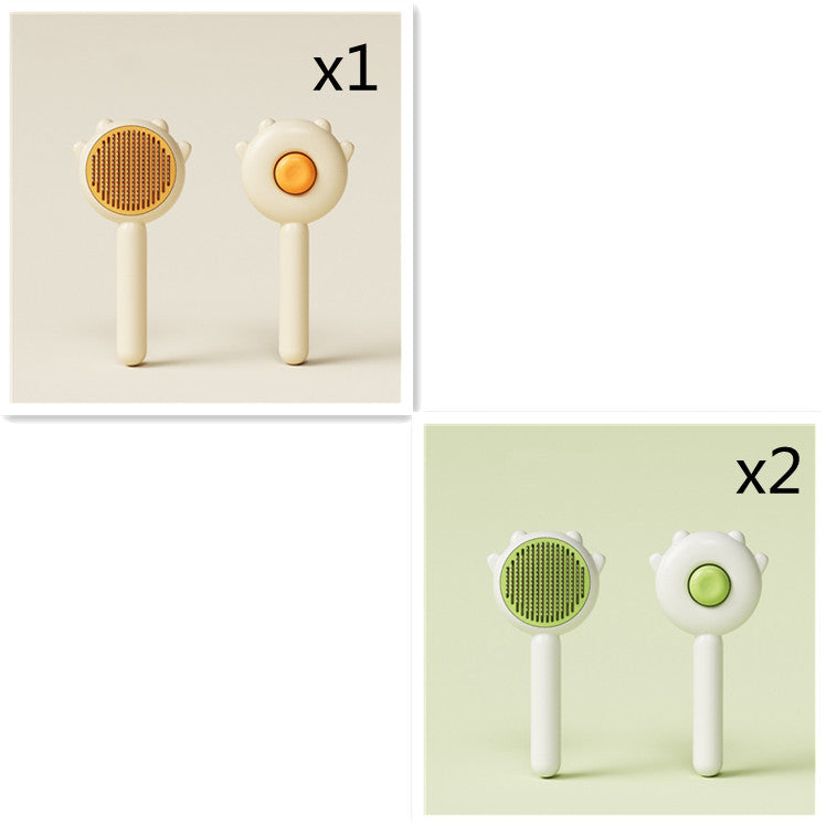 Pet grooming comb brushes with orange and green pin pads, white cat-shaped handles
