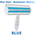Pet hair remover roller with blue pads in white plastic frame
