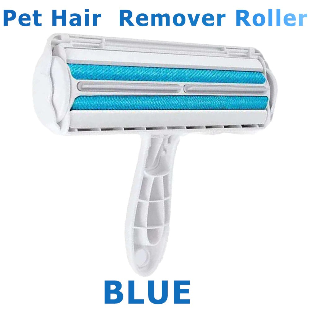 Pet hair remover roller with blue pads in white plastic frame