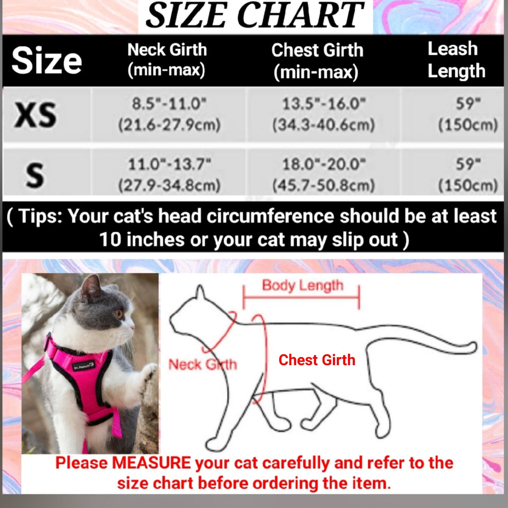Cat harness size chart showing neck girth, chest girth, and leash length