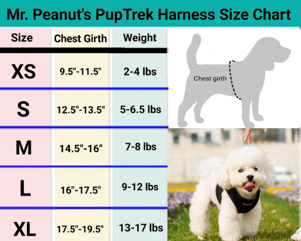 Pet harness size chart showing chest girth and weight for XS to XL