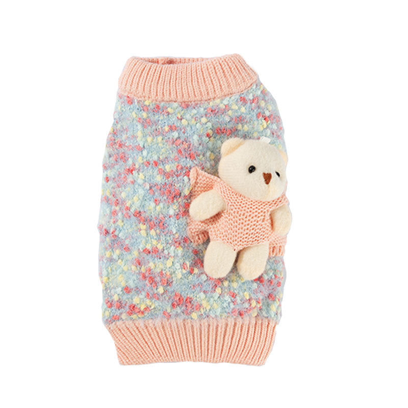Blue knit pet sweater with orange ribbing and teddy bear pocket, front view