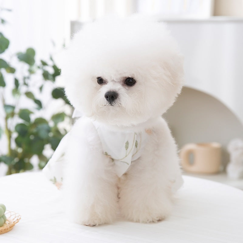 Double-layered princess-style dog skirt, white with embroidered sprigs and layered tulle