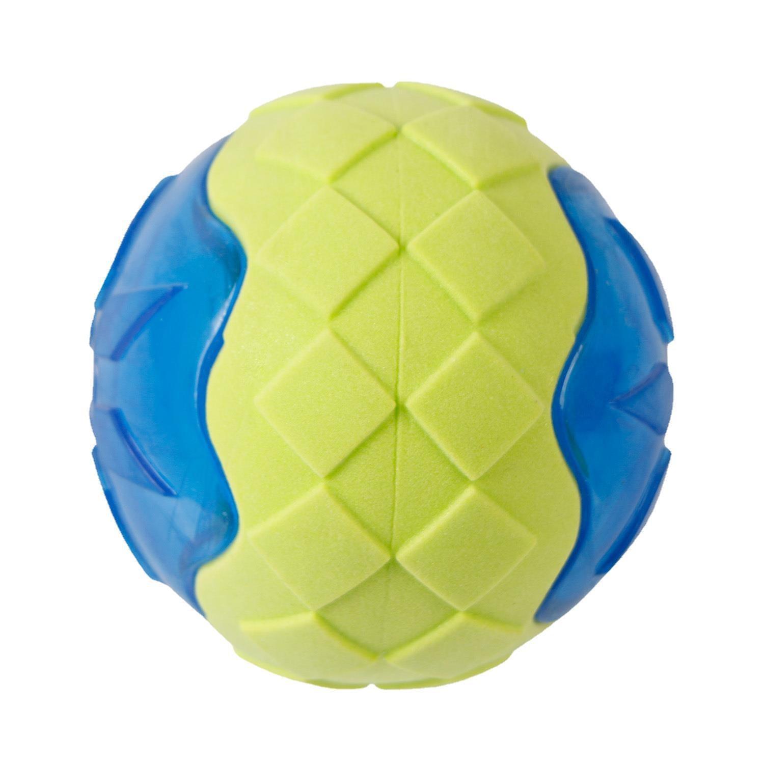 Close-up of glowing audible dog toy ball in light green with blue outer section
