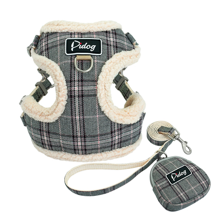 Plaid plush dog harness with label, matching leash and round pouch accessory, dark gray.