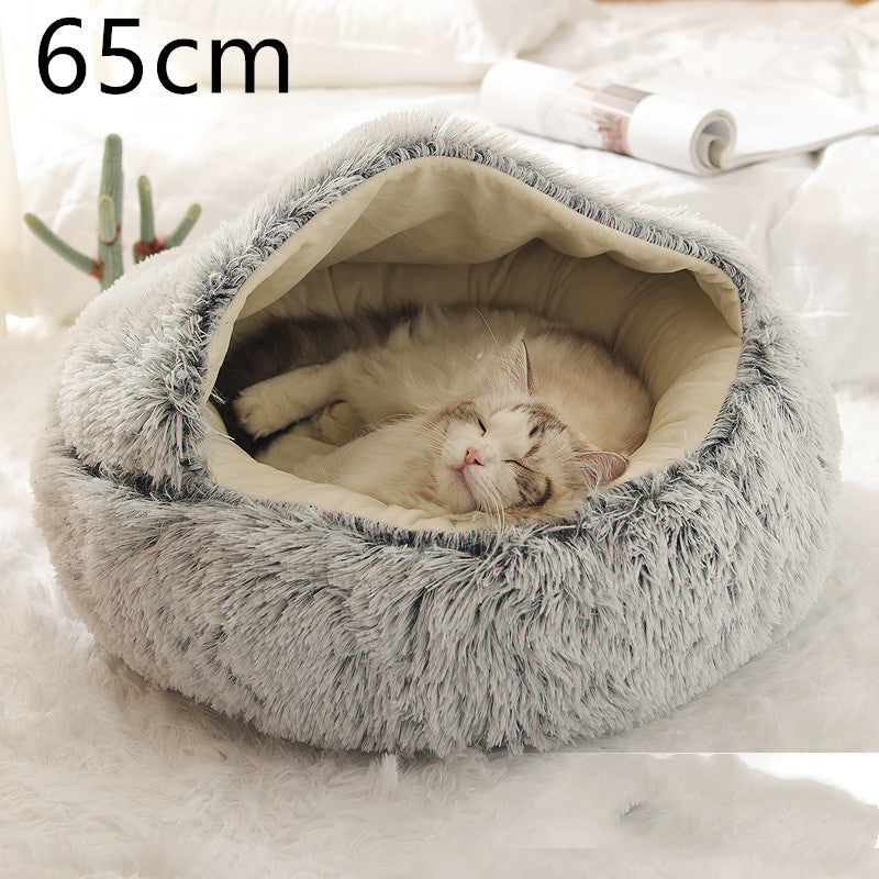 Grey round plush pet bed house with beige inner nest for cats and dogs, pet sleeping.