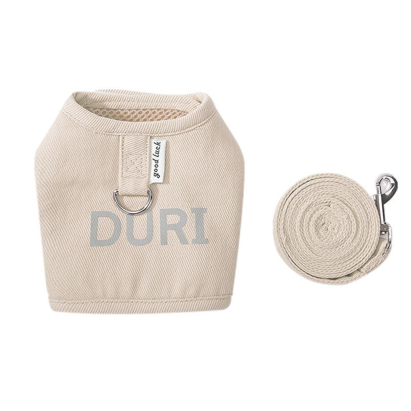 Pet chest harness and matching rope leash coil, beige fabric with DURI logo