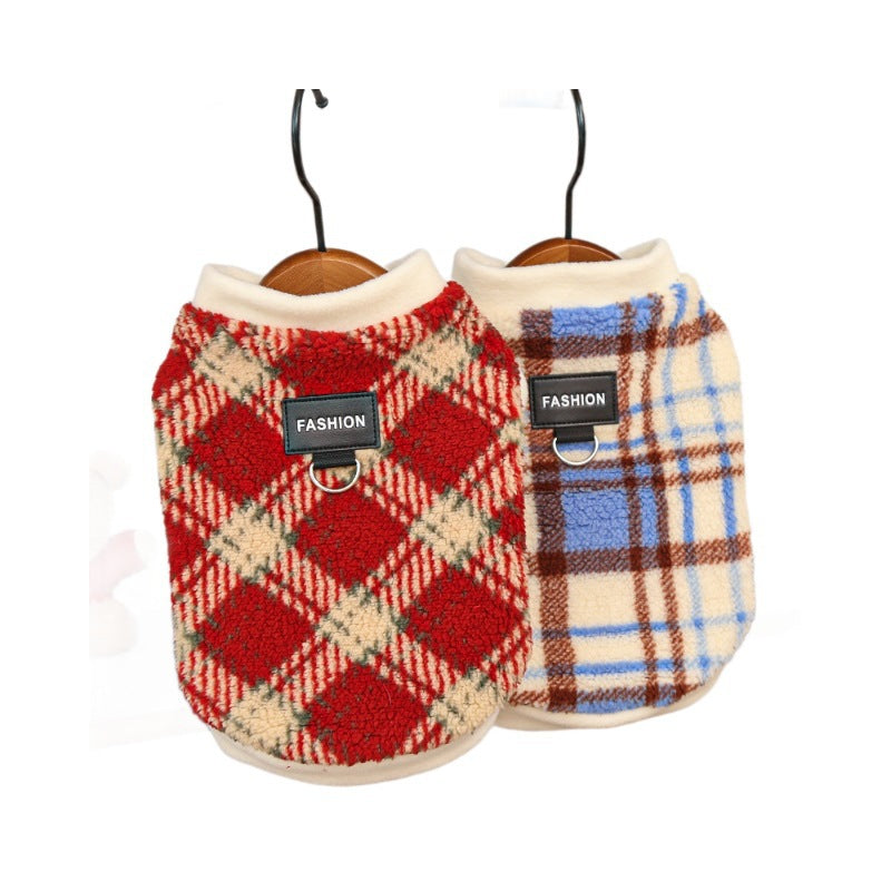 Plaid polar fleece dog jackets on hangers: red-and-cream and blue-and-cream options.