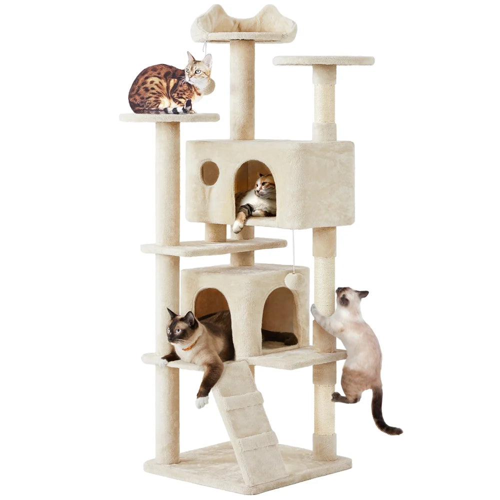 Beige cat tree with multiple condos, platforms, and sisal scratching posts, 70-in tall