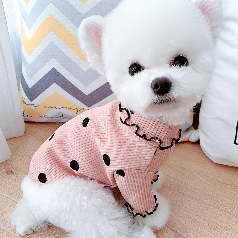 Pink dot turtleneck dog base layer shirt with scalloped ruffle edge
