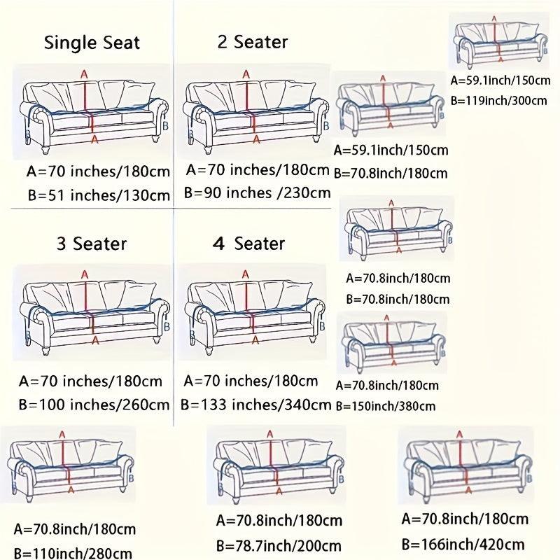 Sofa cover size chart showing single to 4-seat dimensions