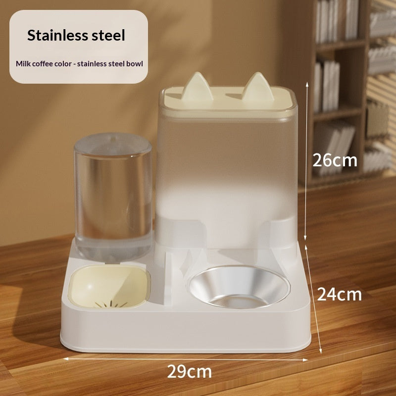 Automatic cat feeder and water dispenser combo bowl with stainless steel bowls and milk coffee lid