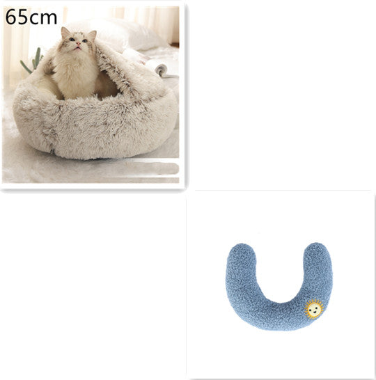 Gray round plush pet bed with cat; blue U-shaped bolster with smiley patch