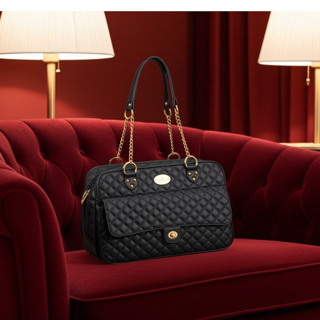 Black quilted pet bag with chain handles and front snap pocket
