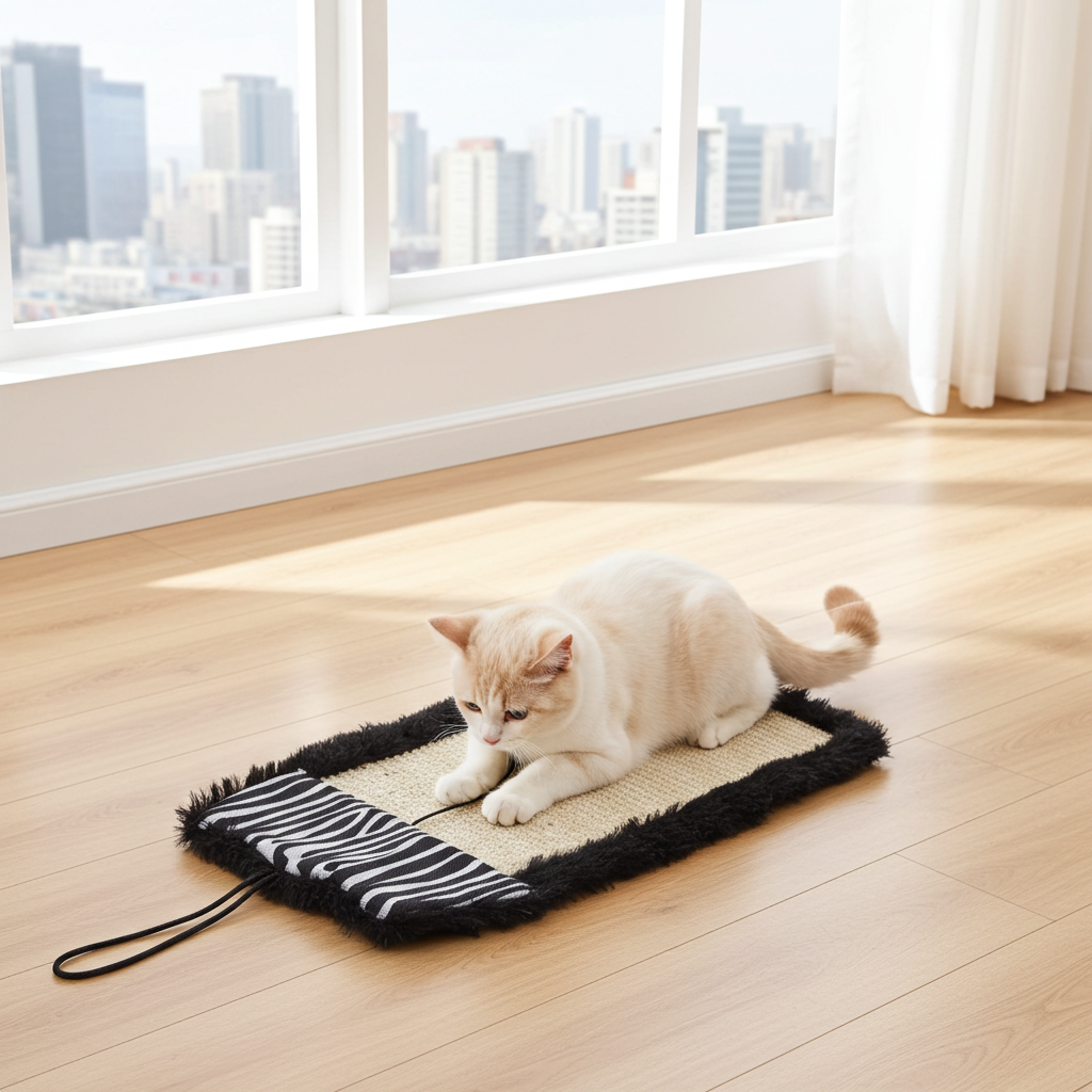 Door-hanging cat sisal and jute scratcher mat with built-in toy, black