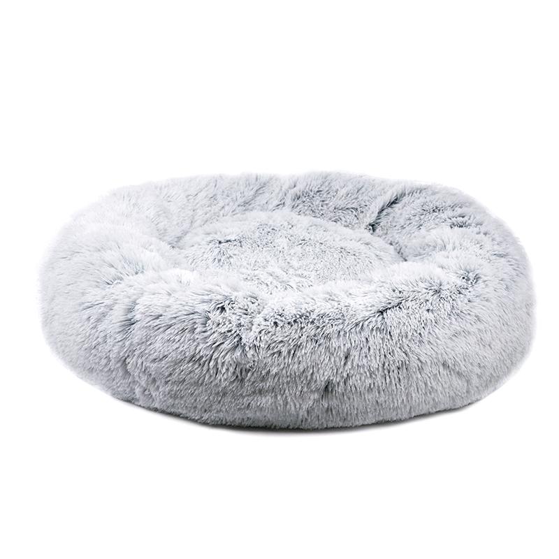 Gray shag plush round pet bed with thick bolster edge and recessed center cushion
