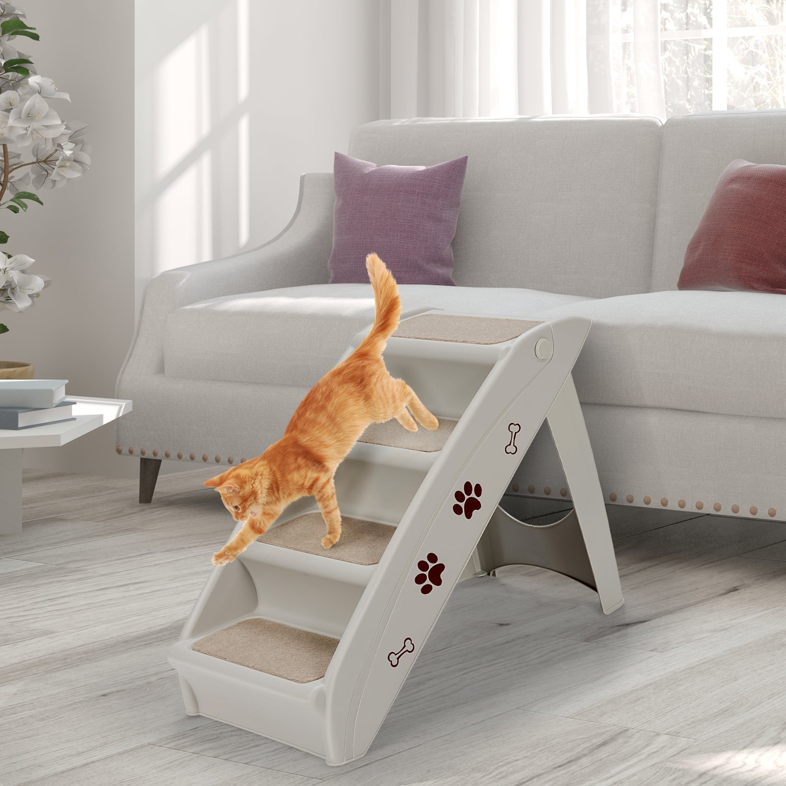 Collapsible plastic pet stairs, white with beige non-slip steps and paw-print decals