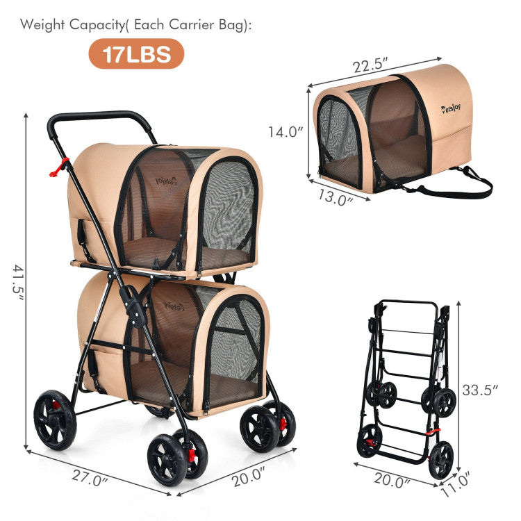 Beige 4-in-1 pet stroller with double carrier seats, mesh sides, and carry handle