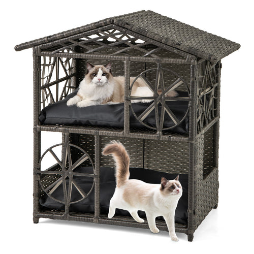 Two-story wicker cat condo in dark gray with flat roof cover and padded cushions