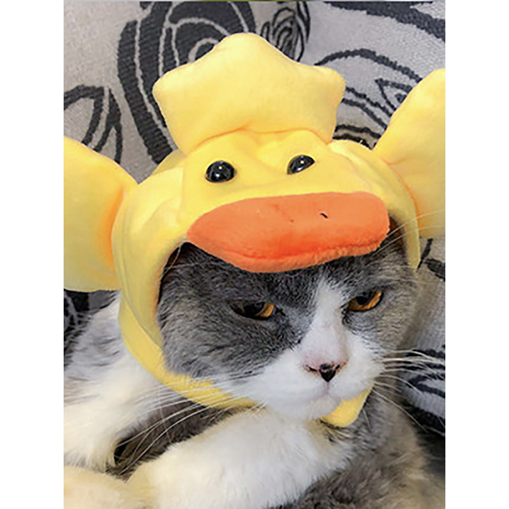 Pet cat hat with yellow duck plush hood and orange beak front