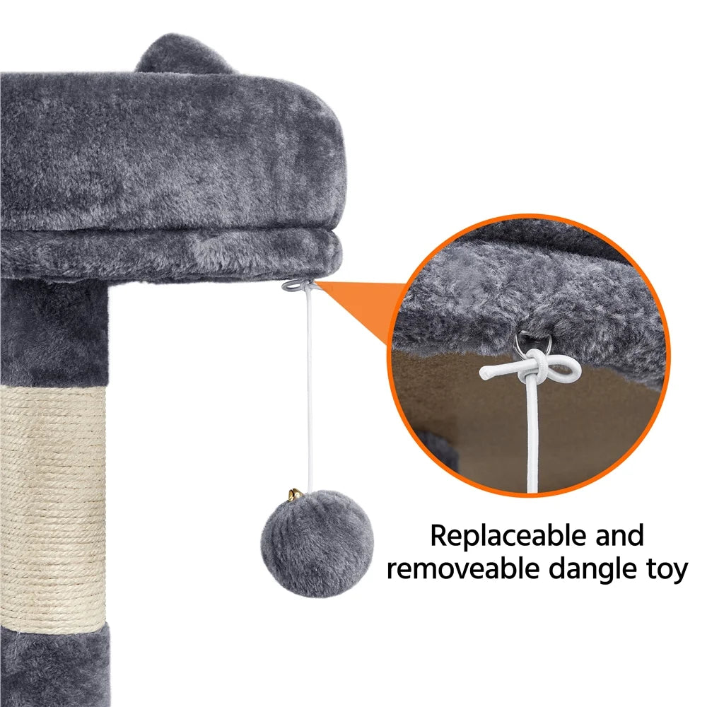 Dark gray cat tree top perch with hanging plush ball and replaceable dangle toy