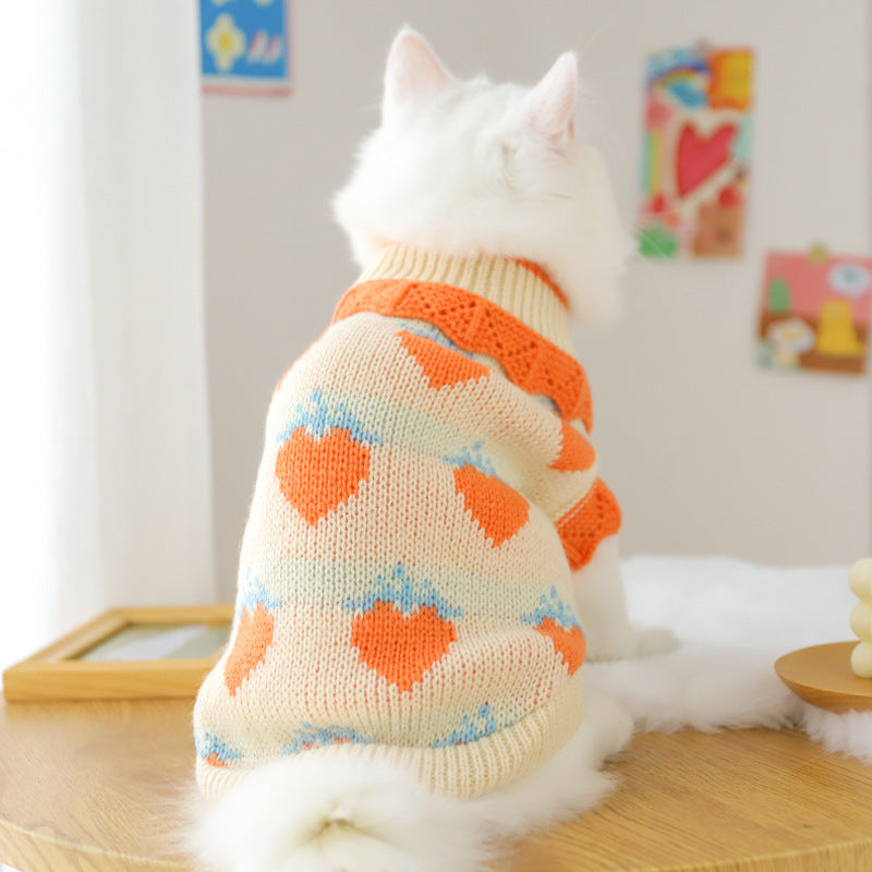 Cat sweater on a standing cat, cream knit with orange collar and heart motifs