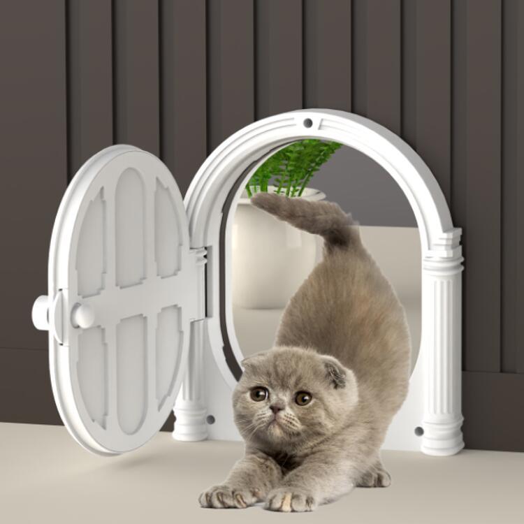 White round pet door with side flap and cat entering through the opening