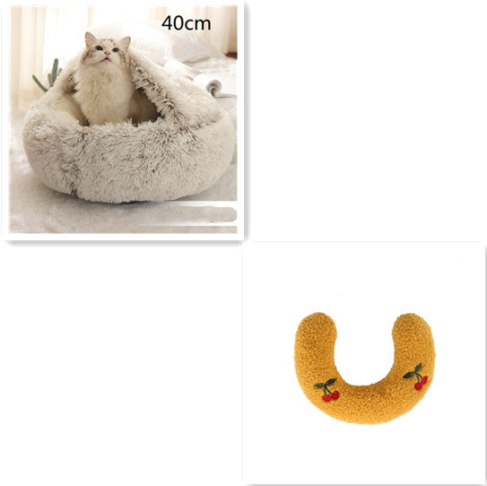 Round plush pet bed insert, tan U-shape with strawberry patch, 40cm