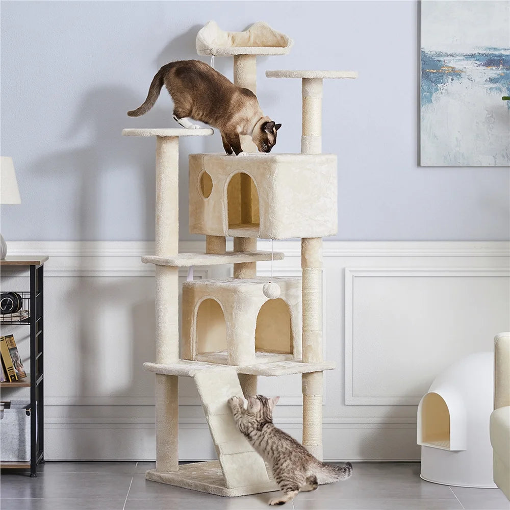 Beige cat tree with two side condos, top perch, and hanging pom ball