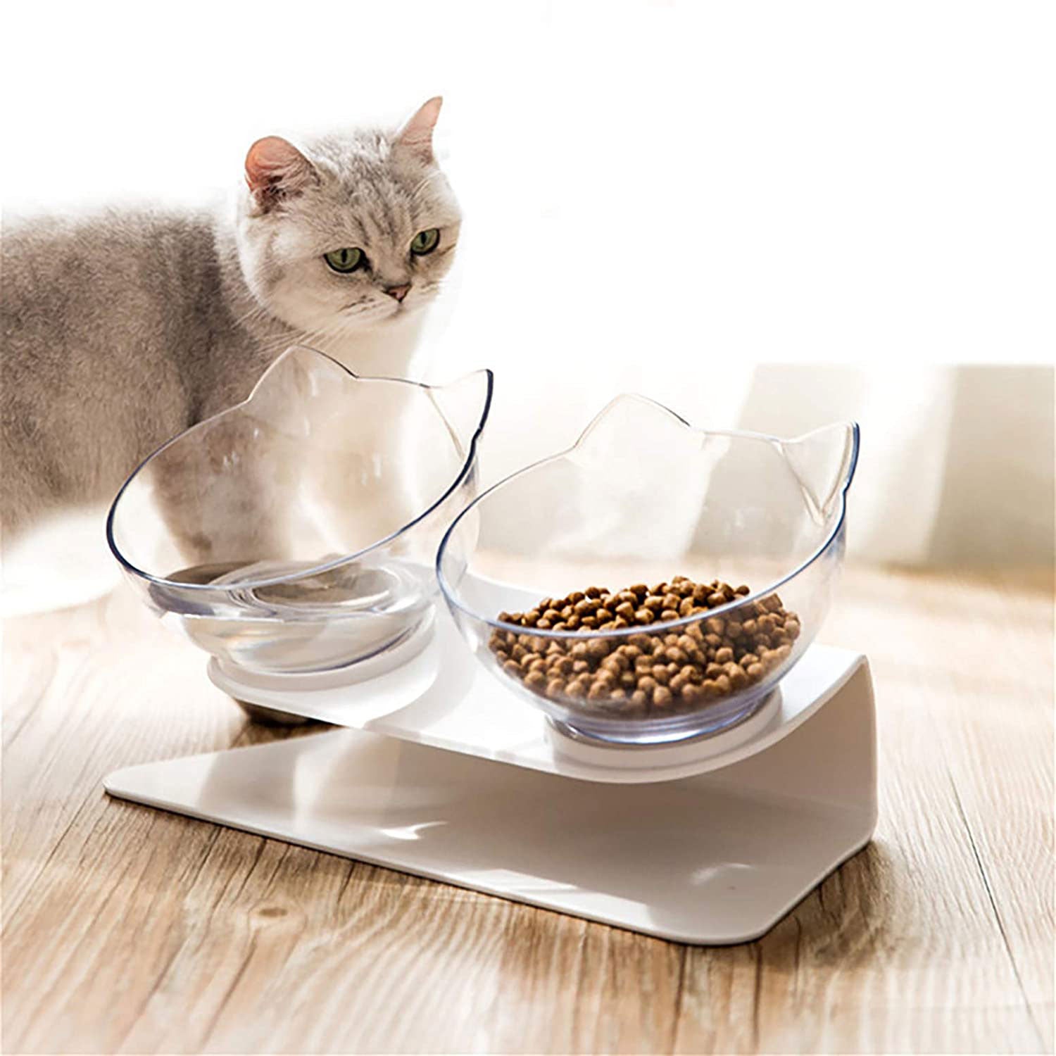 Raised double pet feeding stand with two clear cat-shaped bowls and blue rim