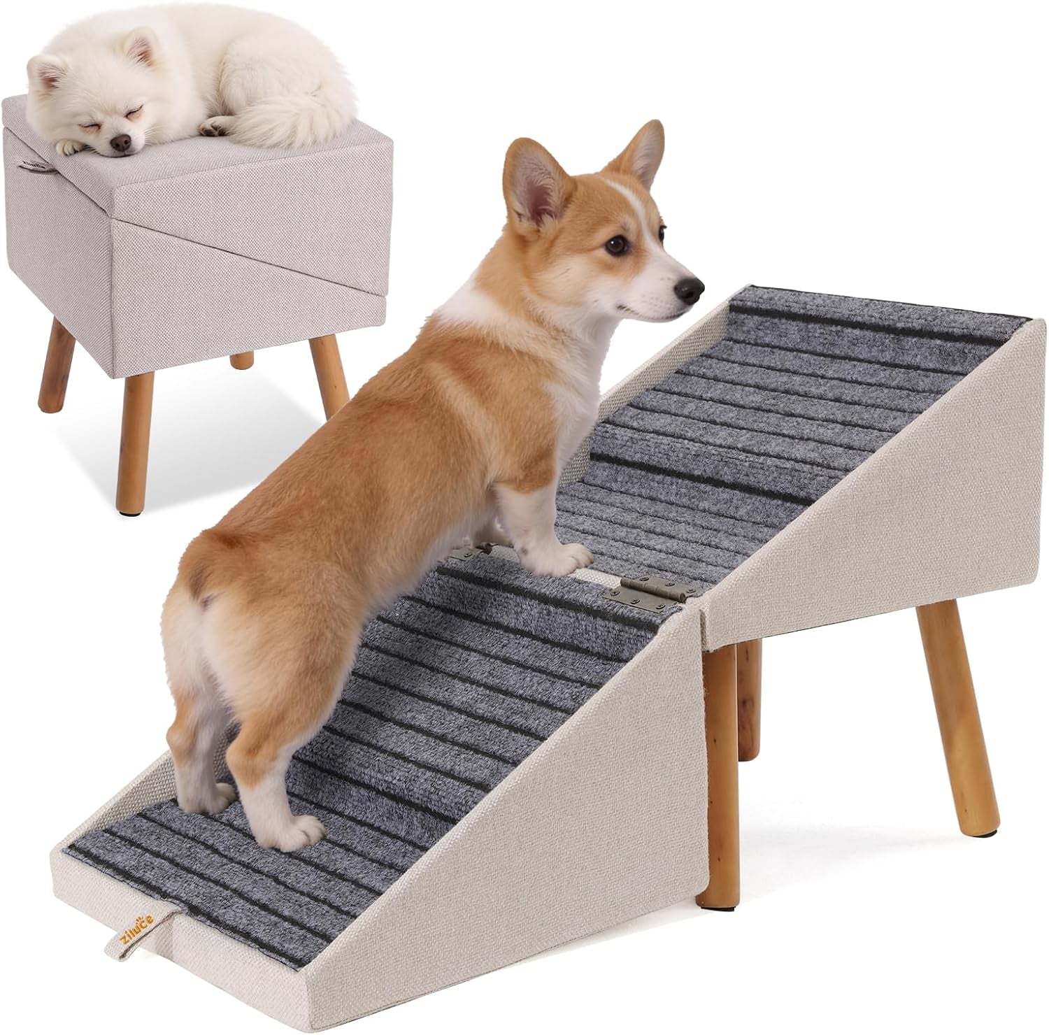 Light beige foldable pet stairs with textured non-slip treads and wooden legs