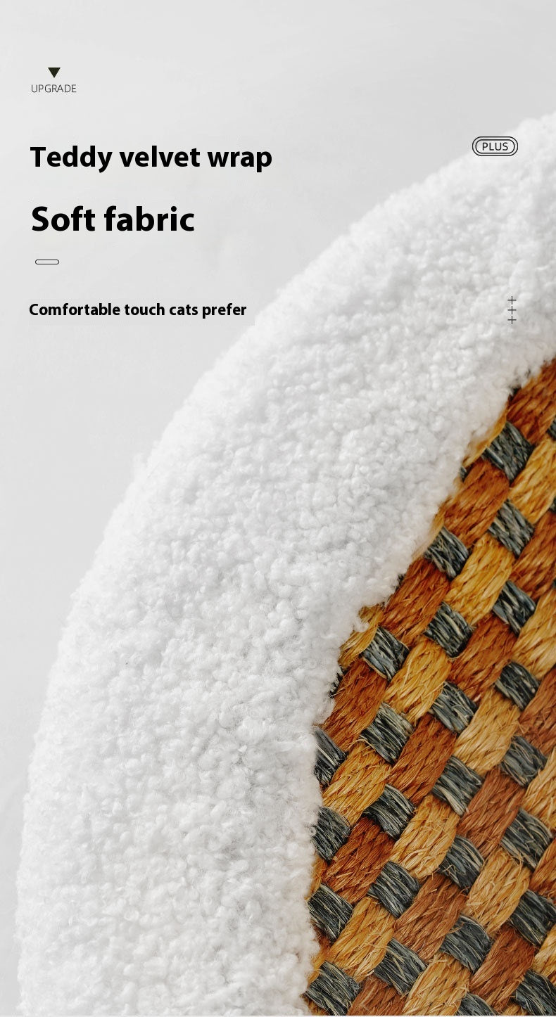 White teddy-fleece wrapped oval cat scratch basin with orange-brown woven sisal inset