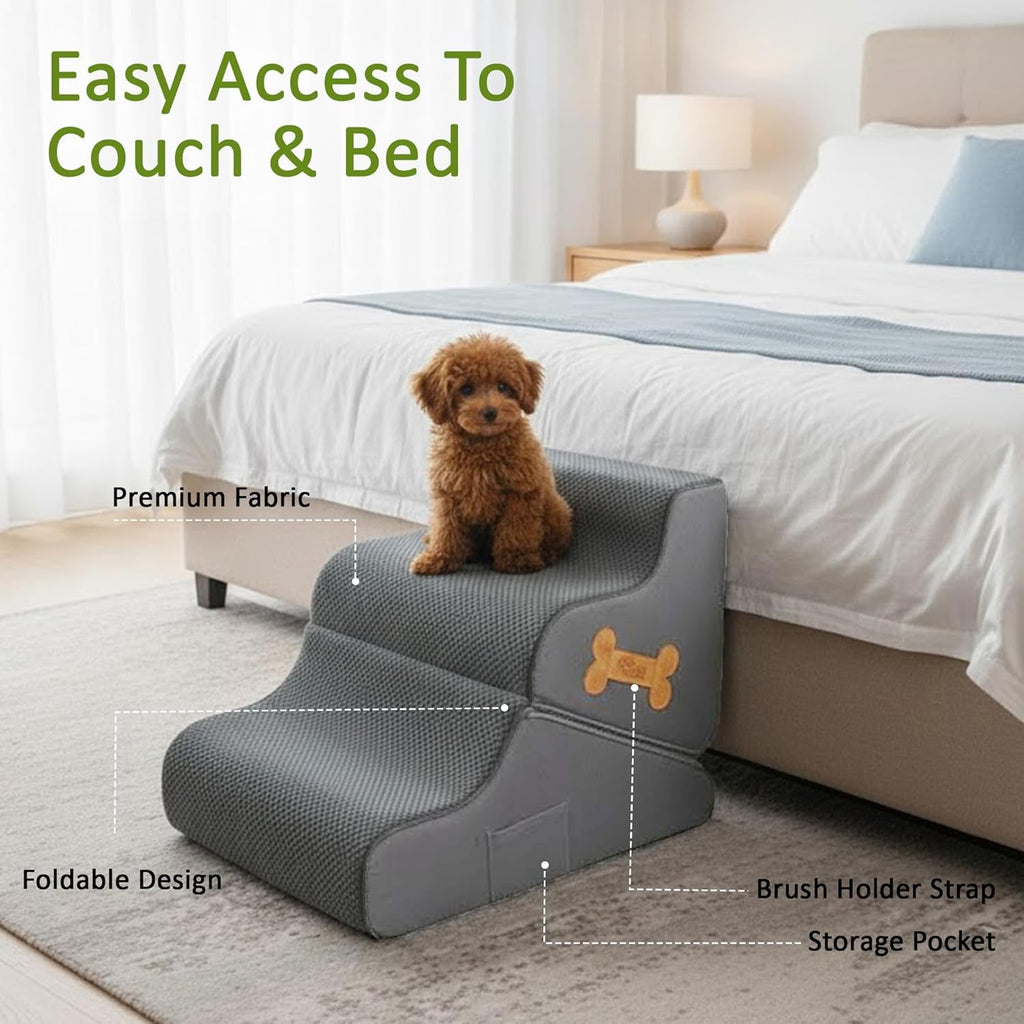 Gray foldable dog ramp for couch and bed with bone emblem, visible storage pocket details