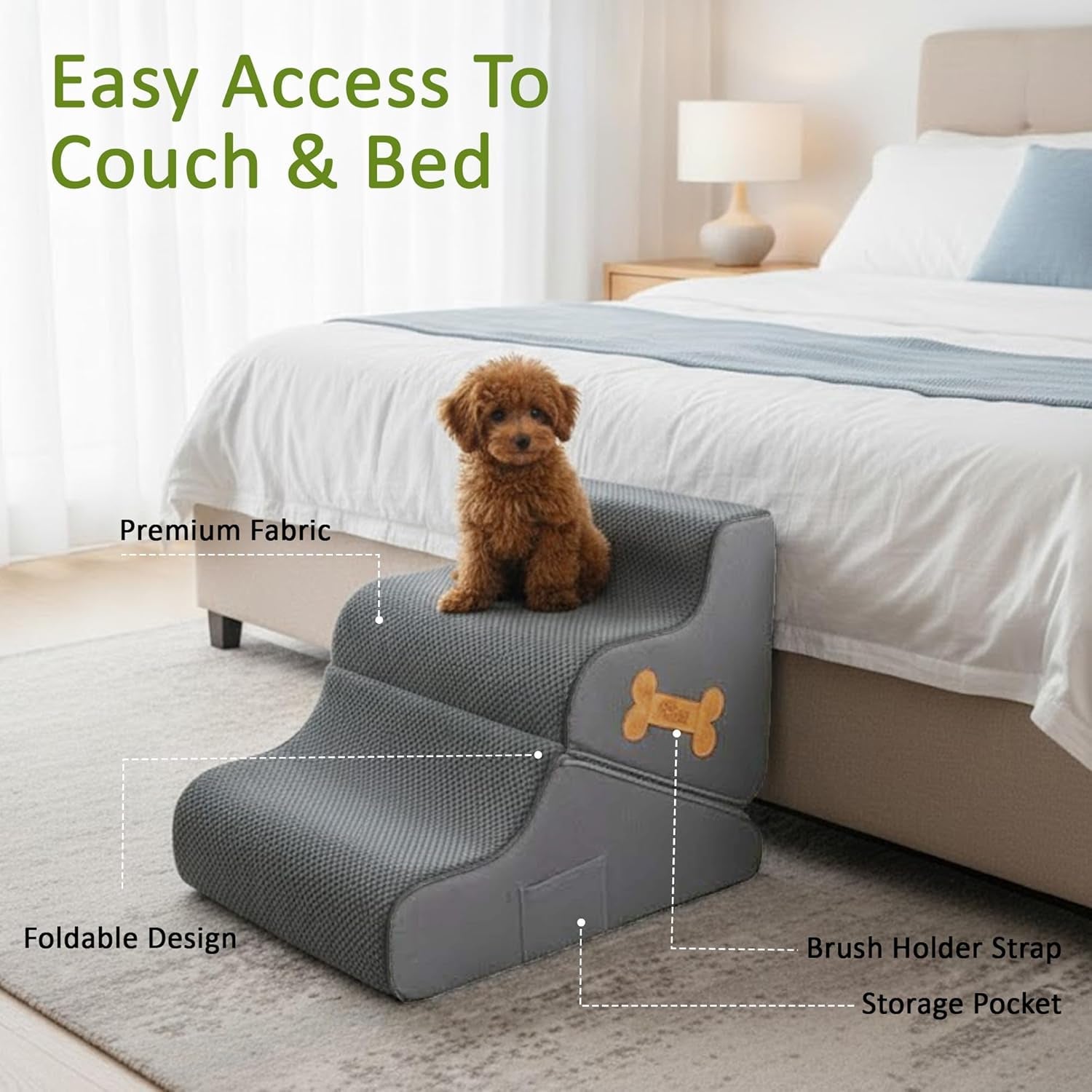 Gray foldable dog ramp for couch and bed with bone emblem, visible storage pocket details