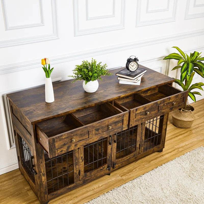 Rustic brown console dog crate with pull-out drawers and four front barred compartments