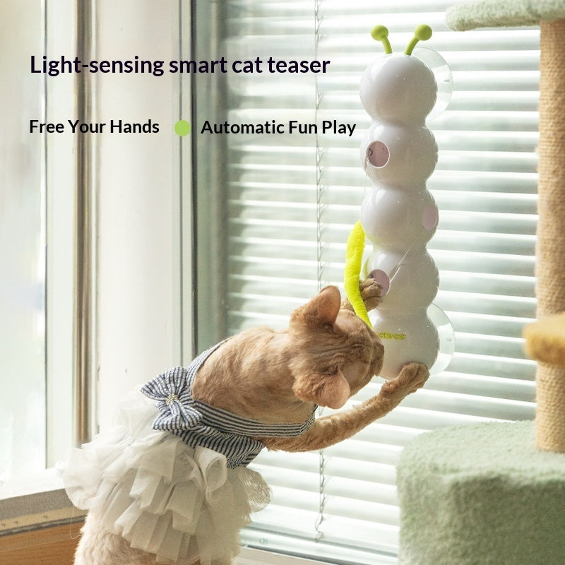 Light-sensing smart cat teaser rod with white body, green antenna, yellow fuzzy wand