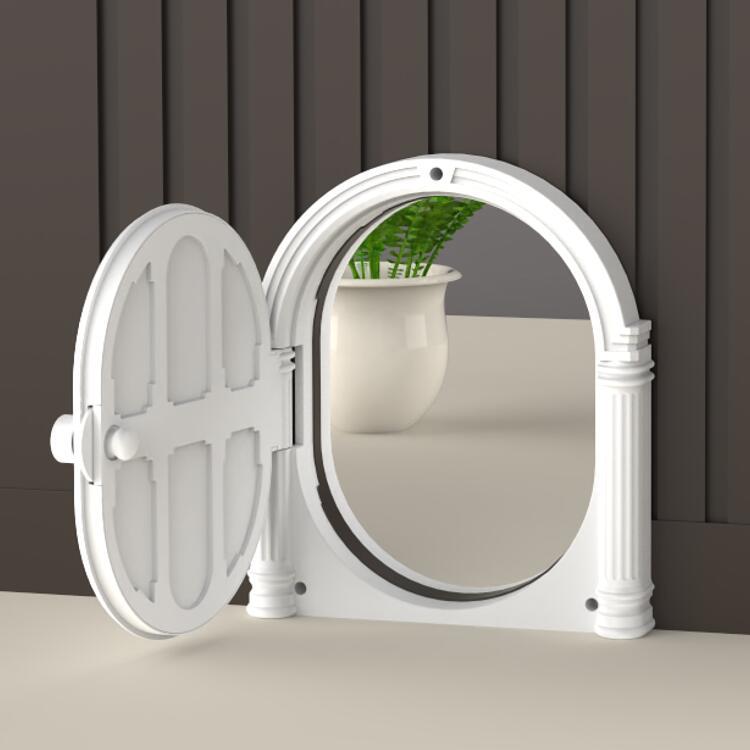 White round pet door with open entry flap and empty interior viewing area