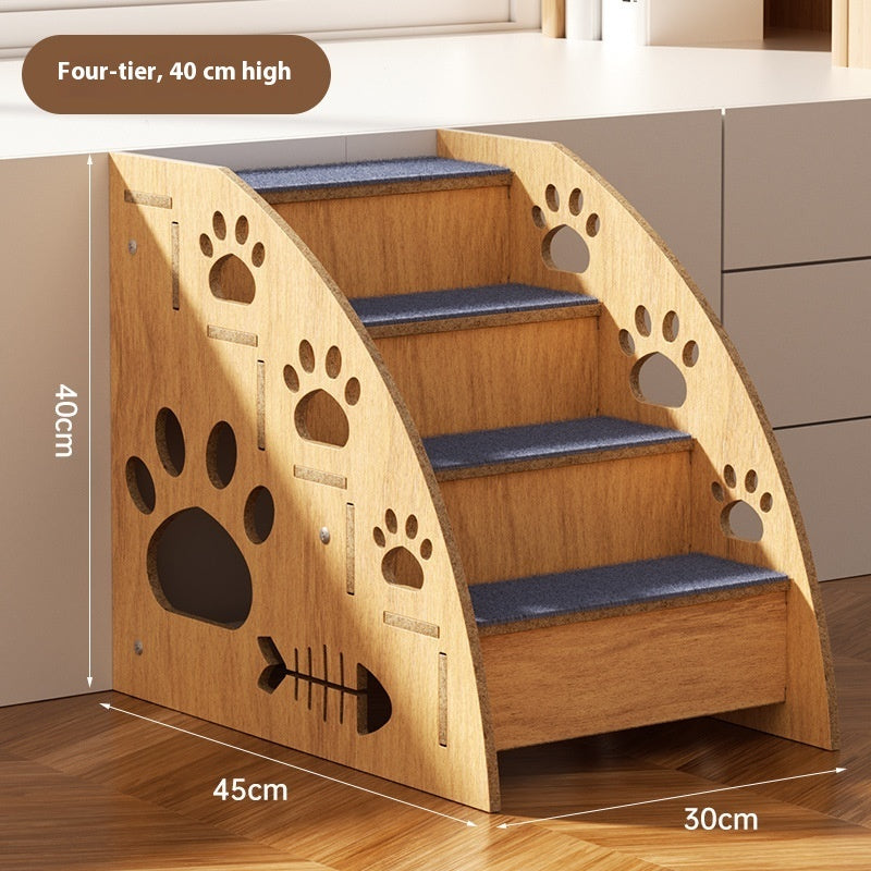 Four-tier wooden pet stairs with non-slip blue steps and large paw-print cutout panel.