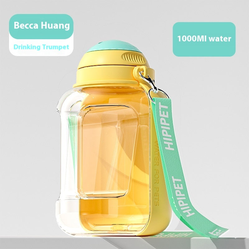 Yellow portable 2-in-1 pet dispenser with drinking spout, 1000ml water storage