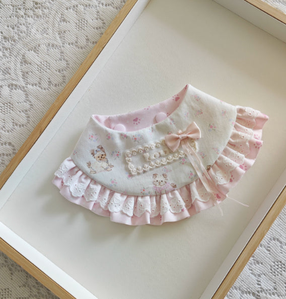Pink lace-trimmed scarf with satin bow and ruffled edge, teddy bear pattern