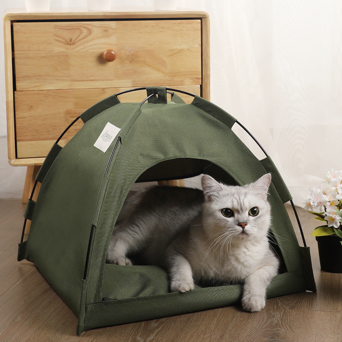 Green cat tent pet house with arched entrance and plush cushion, indoor pet bed