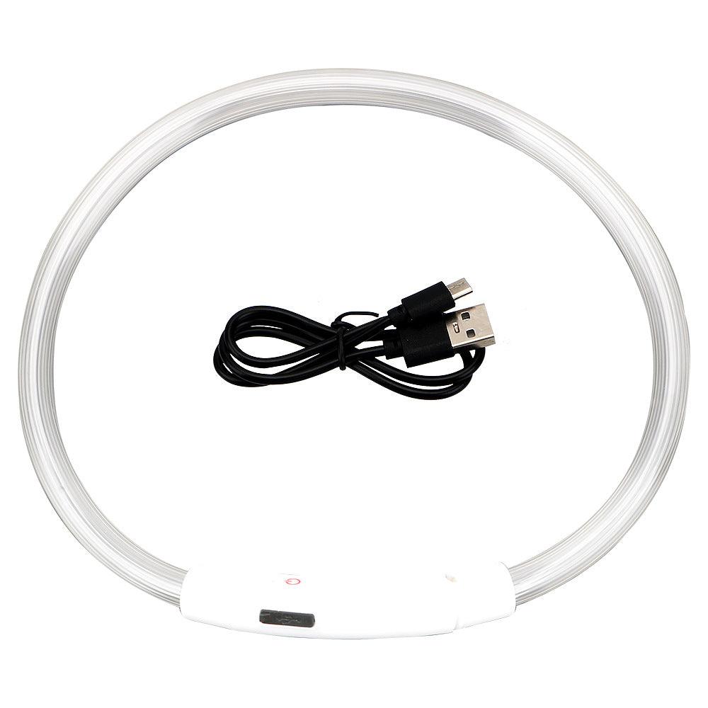 White USB rechargeable glow pet collar with flashing modes and USB charging cable