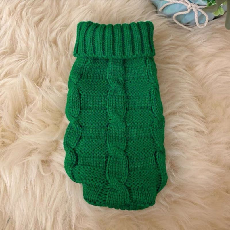 Knitted cat sweater in green with ribbed turtleneck and raised textured panels