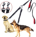 Double dog leash with padded handles, black plaid webbing and red accents, two clips