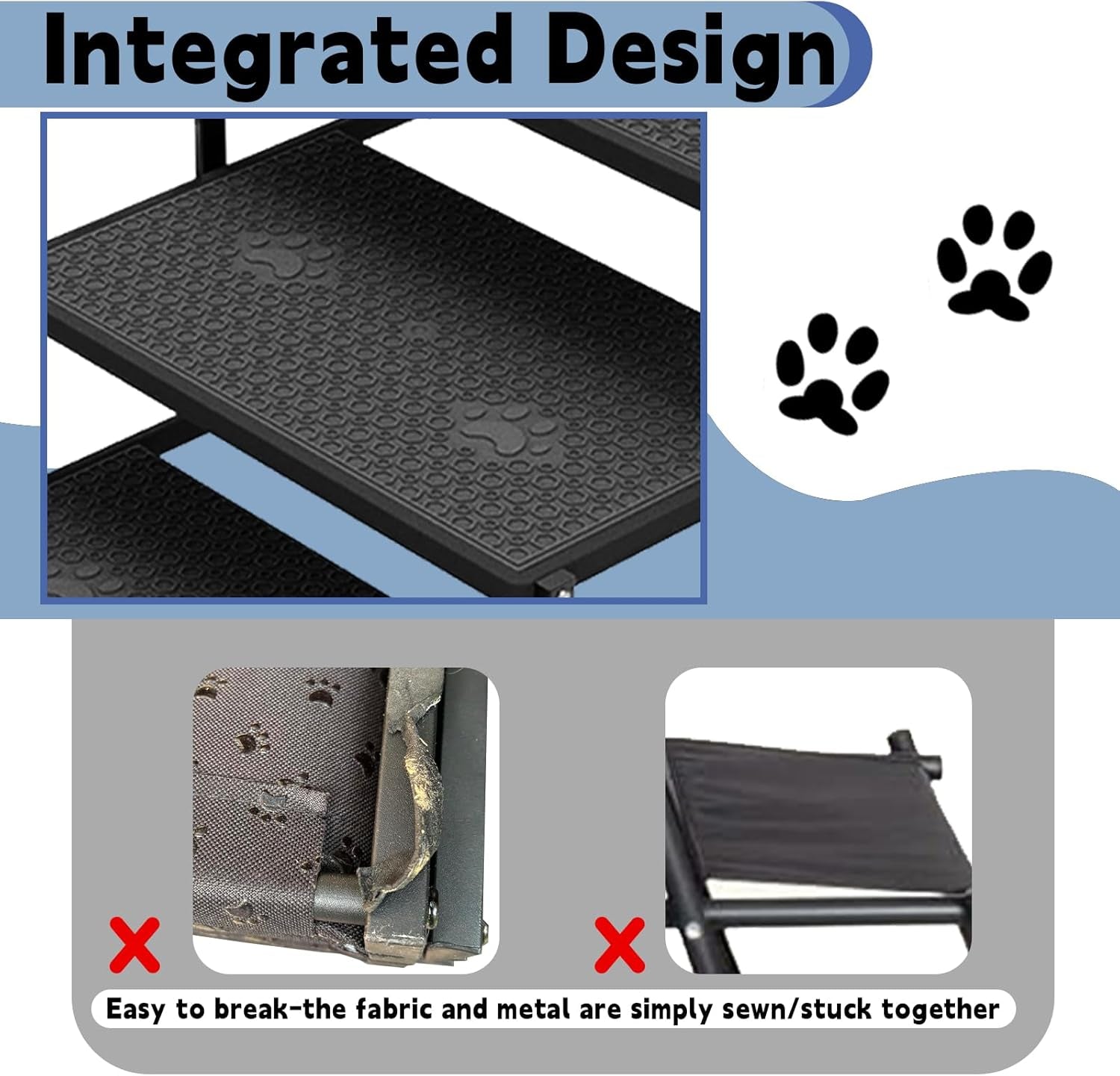 Textured black step surface with paw-grip pattern on foldable dog stairs