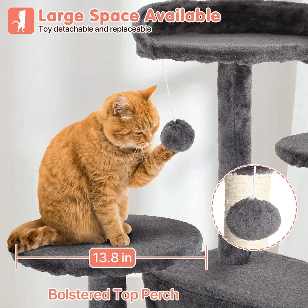 Bolstered top perch and round scratching ball on gray cat tree tower with side platforms