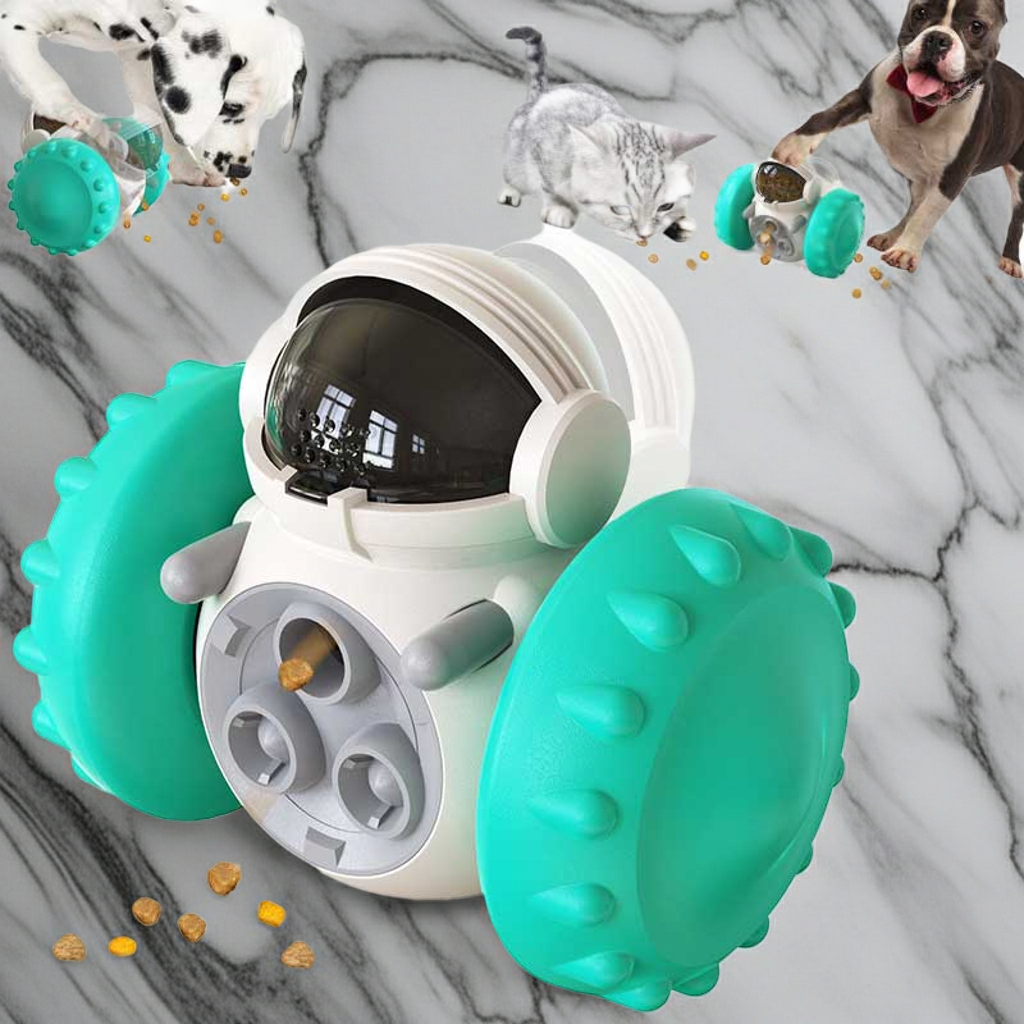 Interactive pet feeding balance car toy with teal spiky lid and white body, open treat compartments