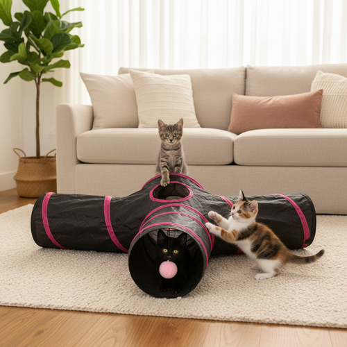 Foldable cat tunnel with peephole, black fabric with pink trim, two kittens playing